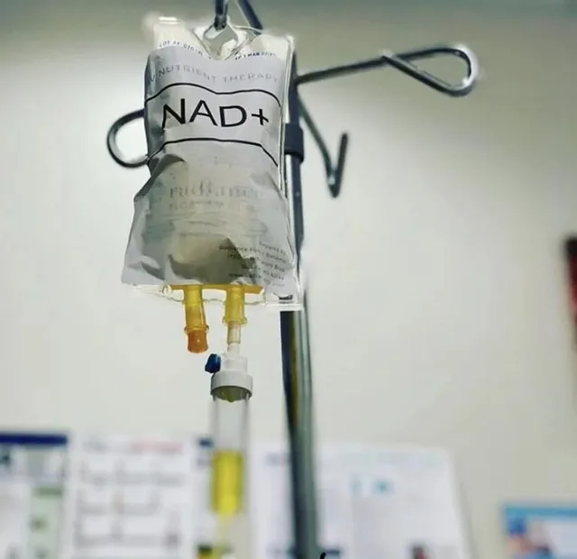 NAD+ infusion bag on an IV stand