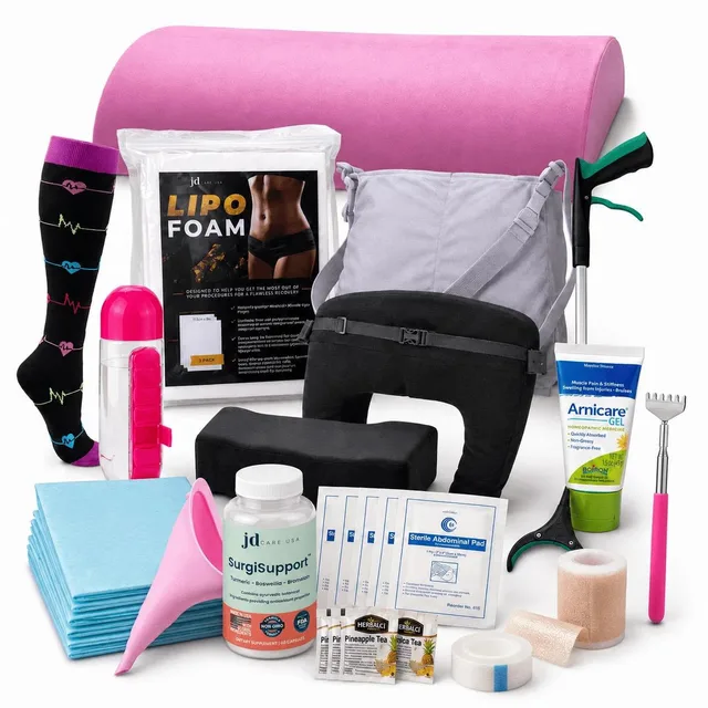 Recovery support supplies including cushions, lipo foam, compression socks, and accessories