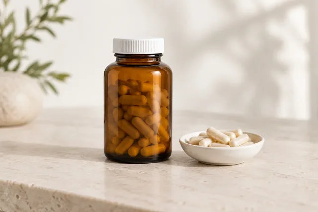 Illustrative amber supplement bottle and capsules for recovery support vitamins
